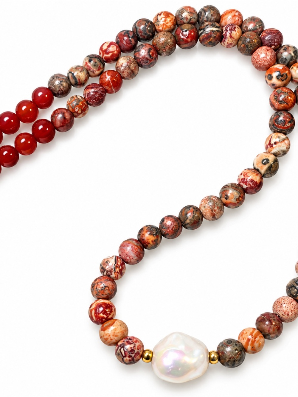 Multi-Tone Red Jasper Bead Necklace with Baroque Pearl